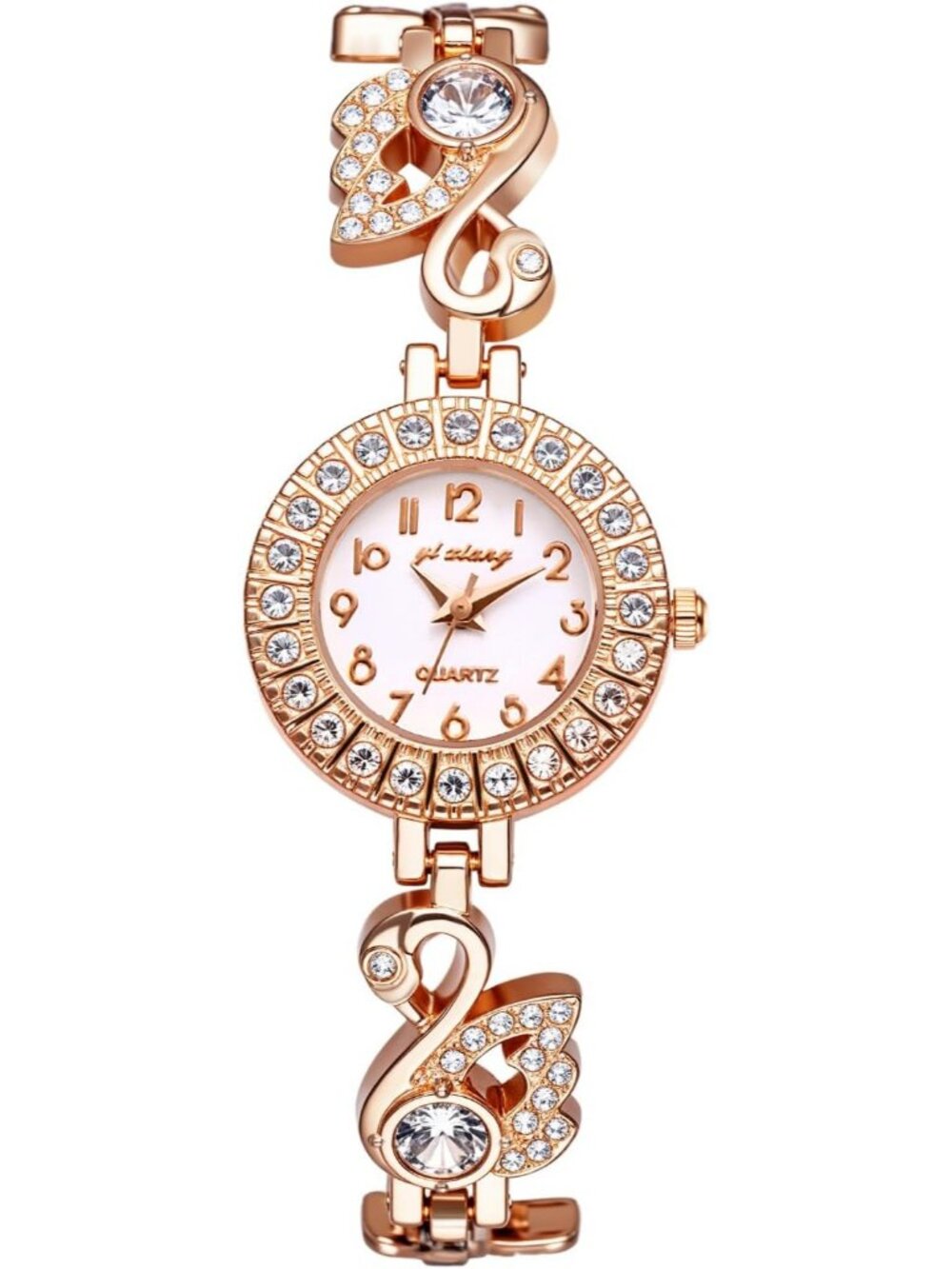 Women’s Rose Gold Swan Diamond Bracelet Watch, Luxury Rhinestone Quartz Watch